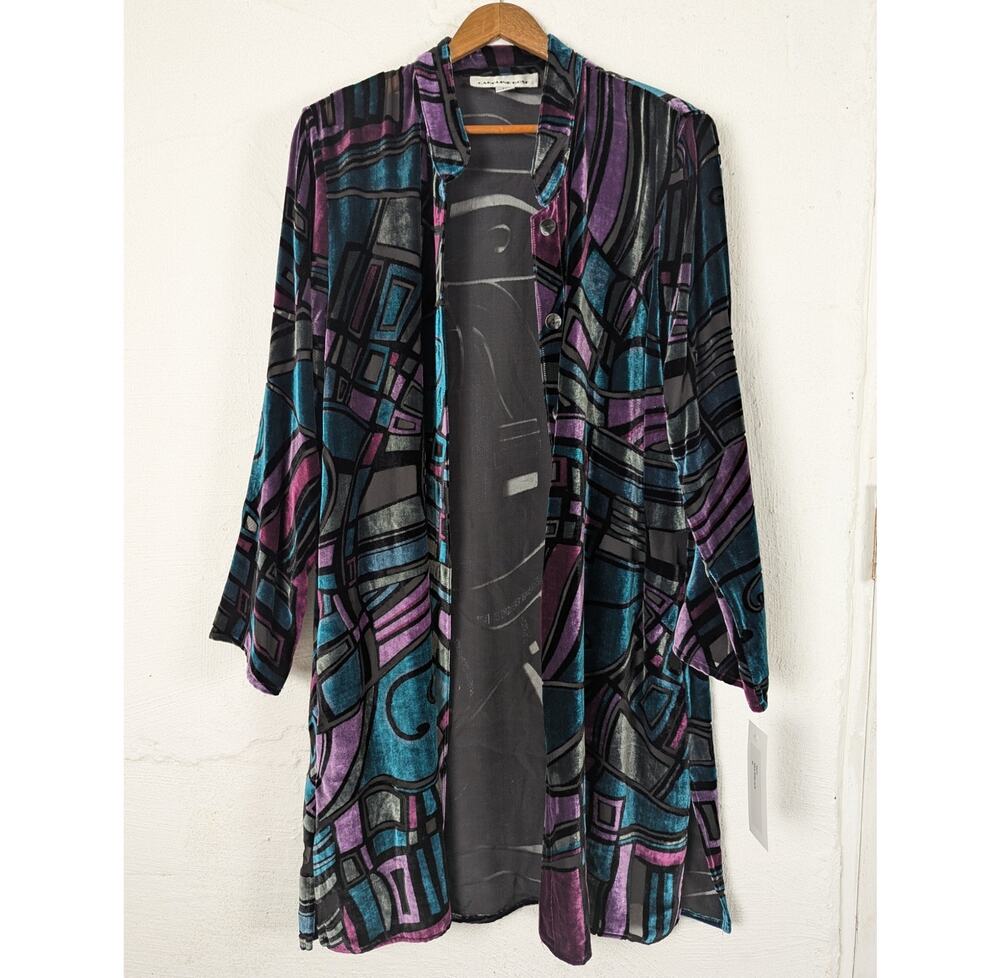 Vtg Caroline Rose Silk Velvet Kimono Midi Womens Medium Burnout Multicolor Witch